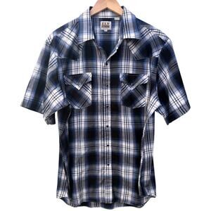 Ely Cattleman Shirt Mens XL Blue Plaid Western Pearl Snap Short Sleeve Cowboy